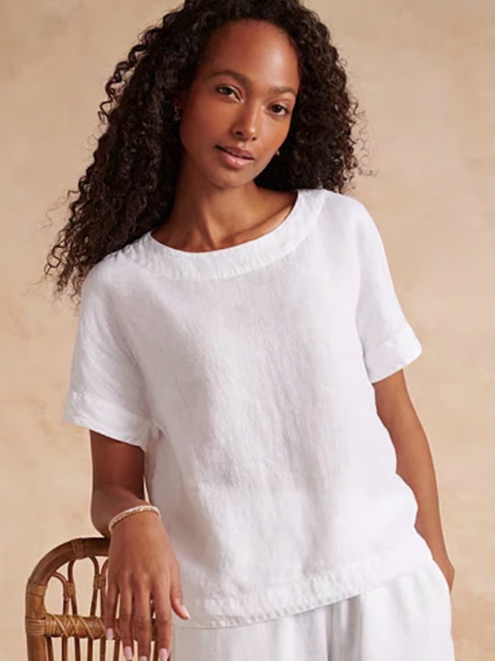 The White Company Classic White Linen Short-Sleeve Top with Ribbed Sides